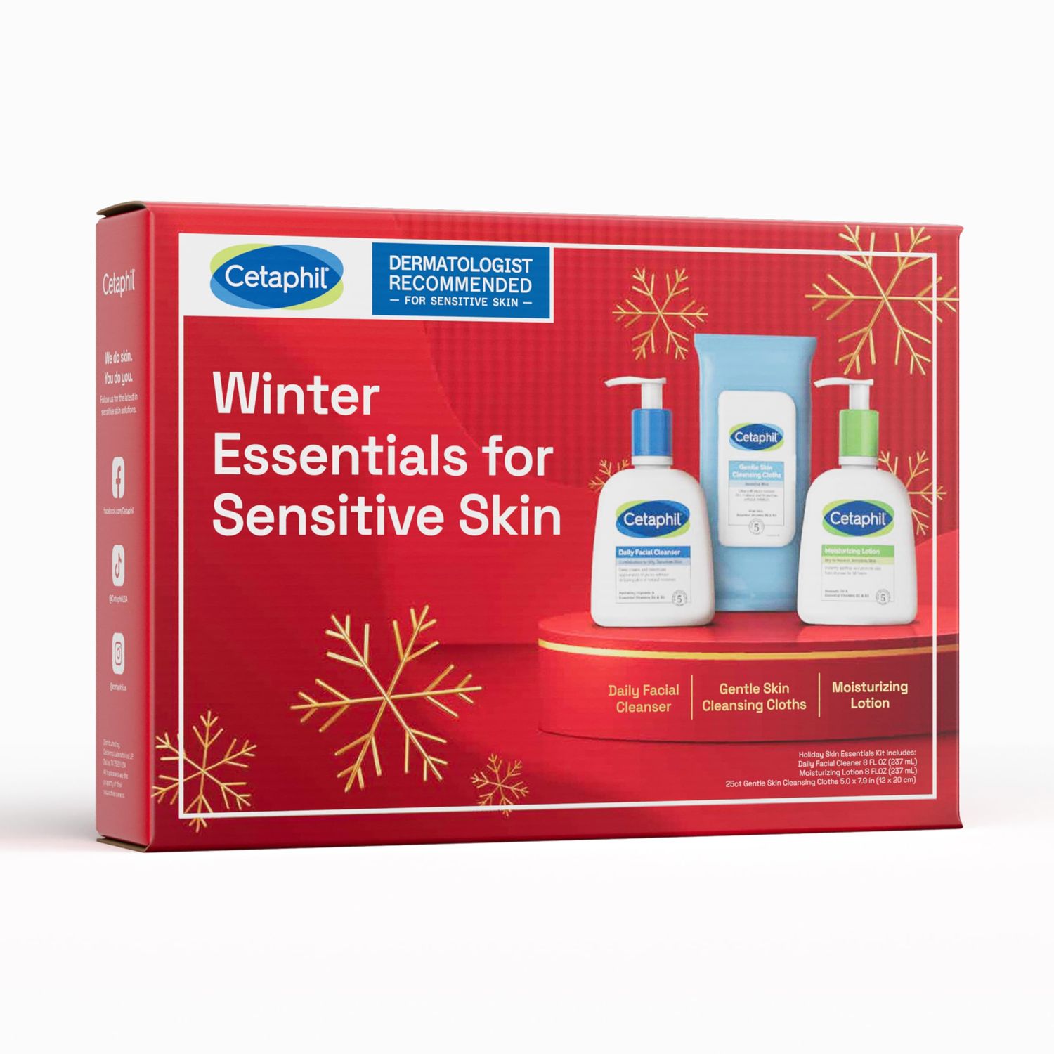 Cetaphil Holiday Gift Skin Care Set, Gentle Skin Cleansing Cloth Face Wipes 25 Count, Daily Facial Cleanser 8oz, Moisturizing Face & Body Lotion 8oz, Suitable For Sensitive Skin