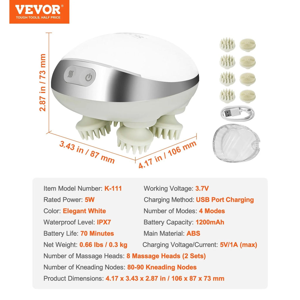 Rechargeable VEVOR Electric Scalp Massager with Heat - Waterproof Head Relaxation Tool
